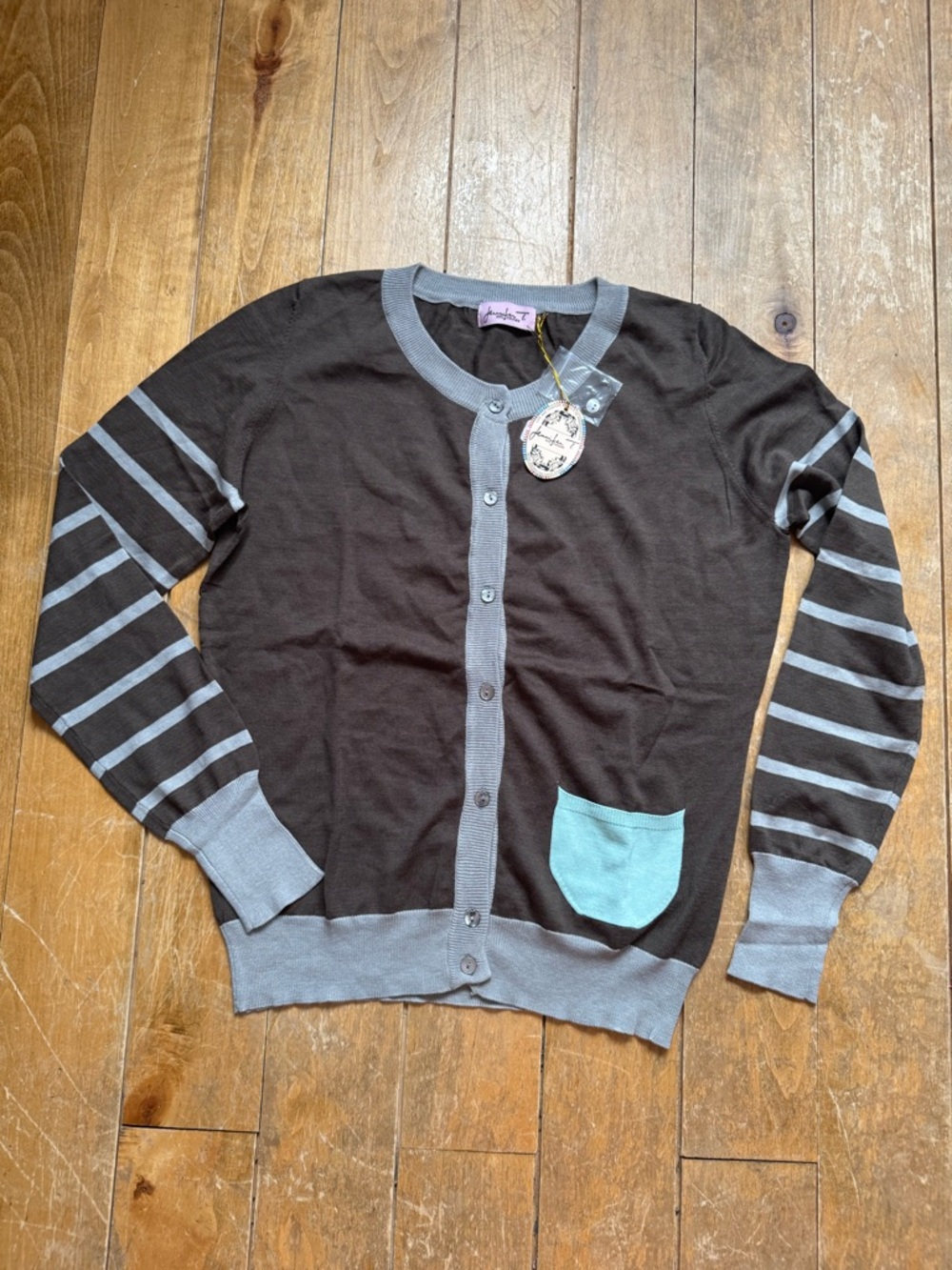 Women's Brown Cardigan with Gray Trim and Mint Pocket